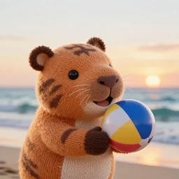 a closeup photorealistic photograph of a cute smiling knitted tiger hippopotamus catching a beachball at sunset. surf in the background. professional capture. this 4 k hd image is trending on artstation, featured on behance, well - rendered, extra crisp, features intricate detail, epic composition and the style of unreal engine.
