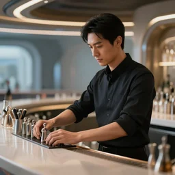 an asian man with black hair working behind a futuristic bar, detailed, professional, beautiful, well lit, realistic, hdr, 8k, high resolution, unreal engine 5, photorealistic, scenic, amazing