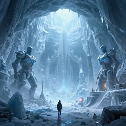 a beautiful digital artwork of a frozen hi - tek civilization in an ice cave, high quality, stunning, volumetric shadows, haze, master level composition