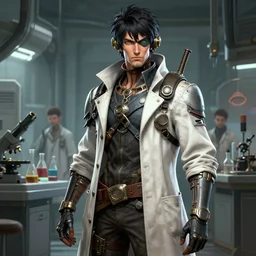 A male dieselpunk scientist in a lab coat, visualartzi, dieselpunk, anime, concept art by Karla Ortiz, James Paick, Charlie Bowater, Krenz Cushart, highly detailed, ultra detailed, ultra realistic, trending on artstation, cgstudio