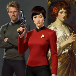 An female asian star trek red shirt holding phaser gun by Artgerm and greg rutkowski and alphonse mucha