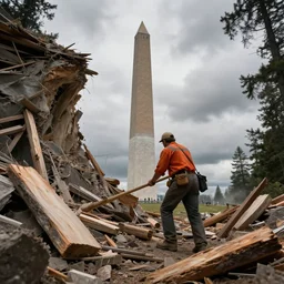 lumberjack exploring collapsed washington monument, debris, cloudy day, hyperdetailed, artstation, cgsociety, 8 k
