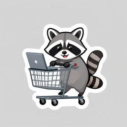 logo of a happy raccoon pushing a grocery cart with a laptop on top and a face mask hanging off the corner