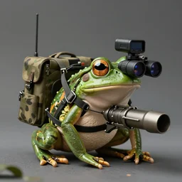 surreal photography of a rare military frog equipped with rocket launcher and night vision target acquisition system