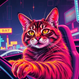 a cat that is a crackhead, driving a lamborghini in tucson arizona, glitch art, neon colors, moebius style, grainy painting