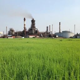 a beautiful meadow in the middle of dirty industrial complex,