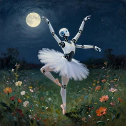 A robot ballerina dancing in a flower field at night with the moon in the background, painting by Rembrandt, Highly Detailed