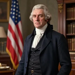 waist up portrait of the united states president, 1 7 9 2, in his study, unreal engine render. he is a lawyer from france, vivid, intricate detail, patriotic, volumetric lighting,