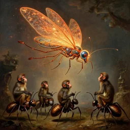 a enormous ultra - intricate biomechanical firefly, attacking a 7 monkeys riding giant ants, by most renowned artist of the baroque, hiperrealism,