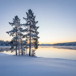 landscape photography of pine trees covered in snow on the horizon of a lake, sunrise, beautiful, reflections, michal karcz