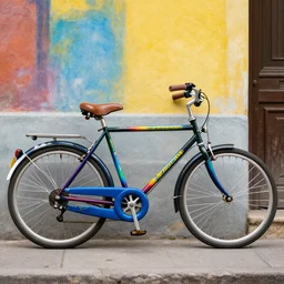 a bicycle, painted in the style of pablo amaringo