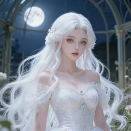 most beautiful girl, white hair, elegant, anime, fantasy, divine, highly detailed, princess, greenhouse, moonlight, artstation, magical, lovely, pure beauty, intricate, 4 k, art by studio bind and kyoto animation and wit studio and hyeyoung kim