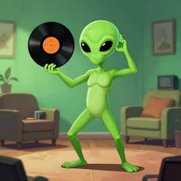 an alien holding a vinyl lp to his ear and dancing around the room