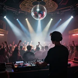 beautiful digital art of a dj on stage spinning records with headphones looking over crowd dancing at a club by sandra chevrier, silhouette, volumetric lighting, haze, moving heads light beams, spot lights, disco ball, trending on artstation, 4k, unreal engine, intricate, ornate