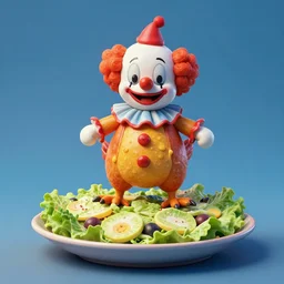 a highly detailed painted 3 d model of an aaahh!!! real monsters clown on a rubber chicken caesar salad : 1 | centered, colorful, matte background : 0. 9 | by james gurney :. 8 | unreal engine, deviantart, artstation, octane, finalrender, zbrush, keyshot, concept art, hd, 8 k resolution : 0. 8