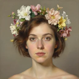 portraiture!! of a woman! short brown hair! looking at us, flowers!!! in the hair, by thomas denenberg