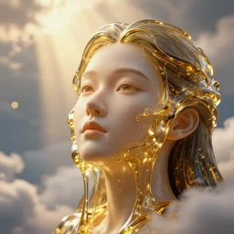 asian female face melting in golden glass, hypperrealistic 3 d sculpture, bokeh, long exposure, close up portrait, epic light, clouds, god rays, heaven