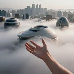 arm reaching out of thick fog, vast city in background, round buildings in background, smooth architecture, organic, sophisticated, zdzislaw beksinski, architecture of frank lloyd wright, zaha hadid, norman foster