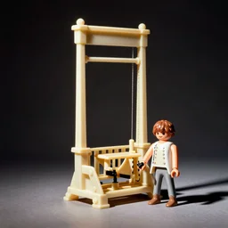 vintage analog product photography of a historical plastic french guillotine, Playmobil, plastic, studio lighting, film grain, color bleed