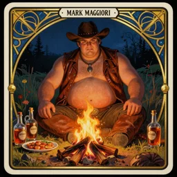 a dramatic, ethereal! painting of a handsome!! chubby shirtless mischievous cowboy with a beer belly wearing a leather vest sitting behind a campfire at night with food and jugs of whisky | tarot!! card, art deco, art nouveau | by Mark Maggiori | trending on artstation