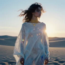 filmstill photography of female body sulhouette covered with curly white translucent blanket blowing in wind, acrylic liquid colors, luxurious supermodel photoshooting, golden jewelry, bokeh, godrays, strong wind, wrinkles, sunrays, sunset, lens flares, monet, renoir, cold colors, sand dunes