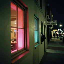 now we creep through streets every night, through the windows, leaning out the sides. colored gel lighting, portra, film grain, 2 5 mm, anamorphic, downtown oakland. photographed by grant spanier for i - d.