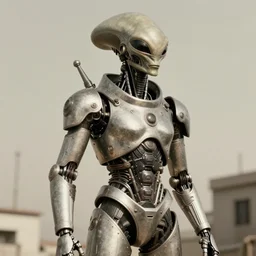 an old-time photograph of a futuristic alien with cyborg armor