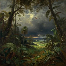 a scene of the jurassic era, with extinct plants and tropical rain forests. a dark sky is looming above. very far away pteradactyls are seen flying high the sky in the distance, grassy meadows in the distance. in the style of hudson river school of art, oil on canvas