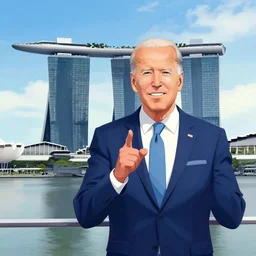 anime style drawing joe biden standing in front of the marina bay sands in singapore