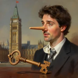 portrait of justin trudeau as puppet pinnochio, long nose, wooden, parliament, key art, falling, opulent, highly detailed, digital painting, artstation, concept art, cinematic lighting, sharp focus, illustration, by gaston bussiere alphonse mucha