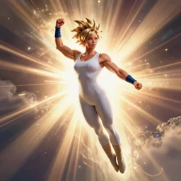 bodybuilder jennifer lawrence wearing spandex, super saiyan, flying, god's rays, cinematic light, octane render, photorealistic, digital painting, drew struzan, gta v cover art