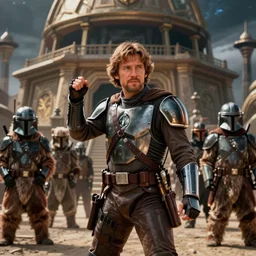 still image screenshot portrait of han solo defending wookies on mandalore, from the tv show mandalorian on disney +, scene in front of a strange building, moody planet kashyyyk, anamorphic lens