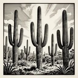 art by brian reedy, a beautiful black ink linocut print of the giant cactus forest south america, 8 k, frostbite 3 engine, cryengine, ground level shot, dof, trending on artstation, digital art, crepuscular ray