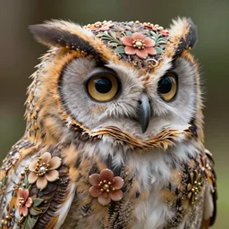 medium close - up shot of a very cute and relaxed fluffy!! furry!! owl chick covered with highly detailed floral ornament, by esao andrews, by m. w. kaluta, by yoshita amano, volumetric light, rich colors, natural lighting, very humorous!!!, smooth, depth perception, 4 k, unreal engine 5, artstation