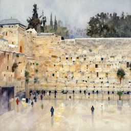 paint brush strokes, abstract watercolor painting of western wall in jerusalem in the rain, cinematic light, american romanticism by greg rutkowski, by leonid afremov