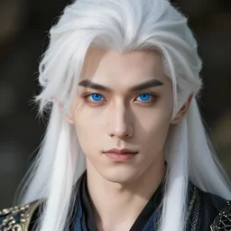 a beautiful male, 8 k, hyperrealistic, hyperdetailed, white hair, blue eyes, fantasy portrait by laura sava
