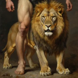 muscular lion as barbarian  ful body ,human legs ,very textured detailed oil painting by rembrandt