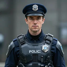 portrait of a man by greg rutkowski, he looks like ben affleck, very tall and slender, pork pie hat, wearing futuristic police gear, scifi, sharp foccus, artstation hq.