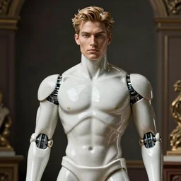 'futuristic blanco ceramic Spanish prince humanoid robot macho guapo with a handsome face and muscular body, trending on cgsociety'
