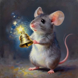 an extremely well painted and super detailed oil painting of a cutest mouse standing on two feet with a round bell infused with energy of the stars in its hands, professional painting by hong xiang huang, dynamic lighting, trending on artstation