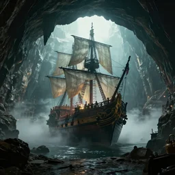 cinematic shot inside a pirates cavern with a giant ship at the center, light fog, trending on artstation, ambient light, 4 k, masterpiece