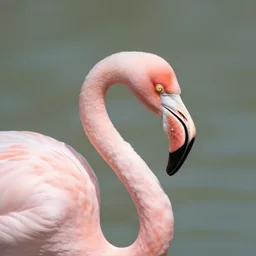 a flamingo with its beak right in the camerafish eye lens, ultra wide angle, outdoors