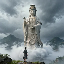 craig mullins and ghibli digital illustration of a huge guanyin statue made of smoke and clouds in the air, rainstorm, summer ， mountain, unreal engine, hyper realism, realistic shading, cinematic composition, realistic render, octane render, detailed textures, photorealistic, wide shot