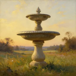 a giant bird bath in a beautiful landscape, golden hour lighting, painting by thomas cole