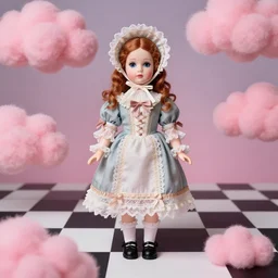 victorian doll standing on a checkerboard floor, pink fluffy clouds, lowbrow art, pop surrealism in the style of Mark Ryden and Nataly Kukula Abramovich