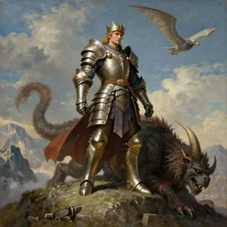 dragon warrior majestically standing atop a mountain after taking down a large monster, romanticism, realism, intricate detailed armor, character illustration, titian