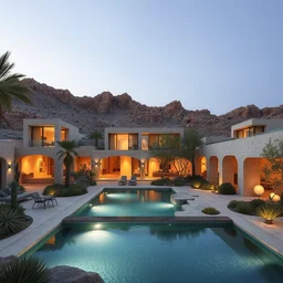 architectural rendering of habitat 6 7 in the desert, biophilia mood, pool, garden, highly detailed, cinematic, photorealistic,