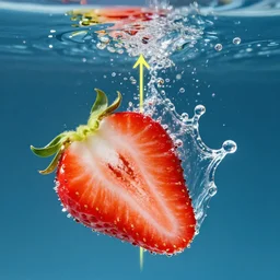 half cut strawberry, splash underwater! photoshop edit, golden ratio