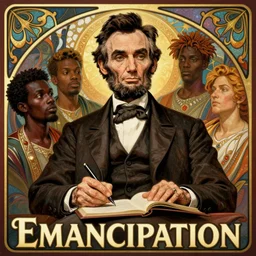 abraham lincoln signing the emancipation proclamation surrounded by african slaves by artgerm, cushart krenz, greg rutkowski, mucha. art nouveau. gloomhaven, queen of winter, vibrant colors, sharp edges. ultra clear detailed. 8 k. elegant, intricate, octane render
