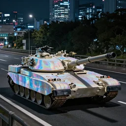 M1 Abrams tank with holographic paint on a Tokyo highway at night